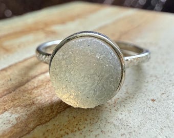 Vintage Ring- Hammered Sterling Silver Druzy Quartz