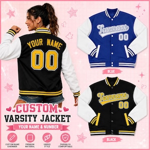 Può includere: Una giacca varsity personalizzata con maniche bianche e un corpo a tinta unita nero o blu. Il retro mostra il testo YOUR NAME e il numero 00 in giallo. La parte anteriore presenta il testo Teamname e il numero 00 in bianco o giallo.