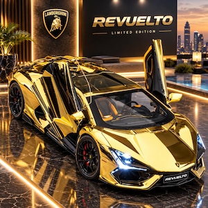 May include: A gold-coloured Lamborghini Revuelto sports car with scissor doors open, featuring black wheels with red brake calipers, a sleek aerodynamic body, and the Lamborghini logo and Revuelto Limited Edition text displayed on the wall behind.