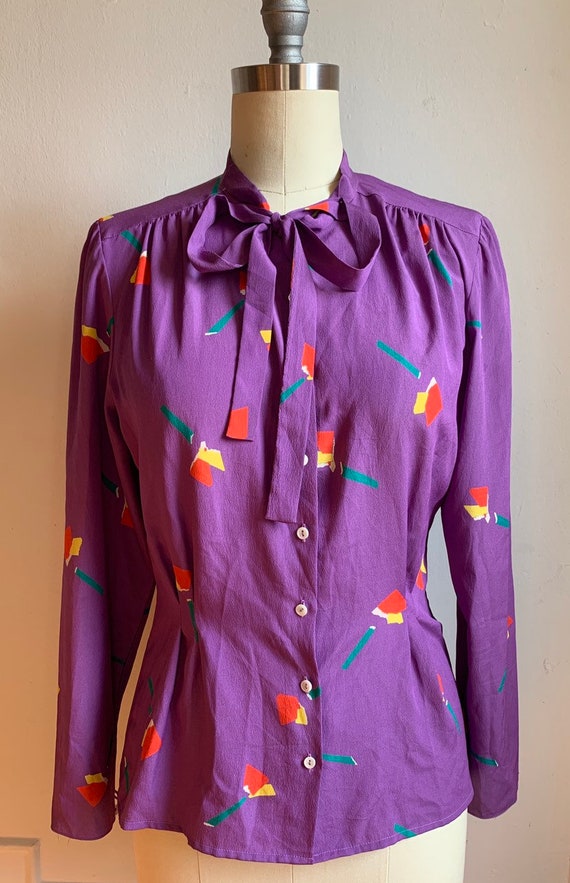 Vintage Purple 100% Silk Long Sleeve Pussy Bow Blo