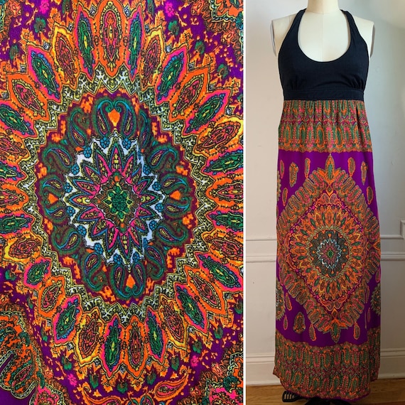 Vintage 70s Multicolor Halter Top Maxi Dress