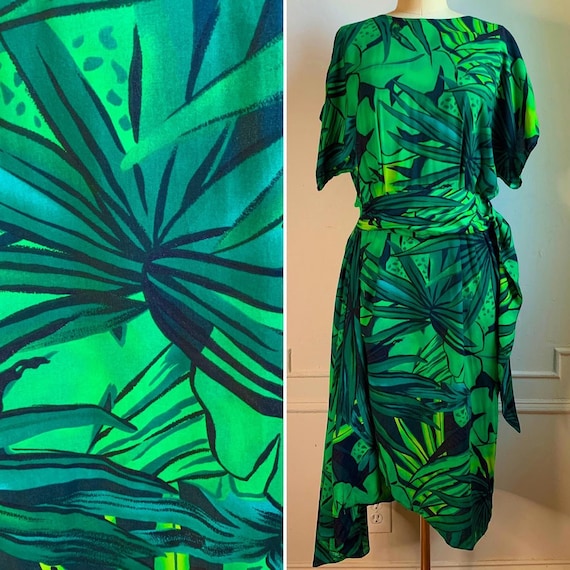 Vintage 80s Tropical Print Mock Wrap Dress