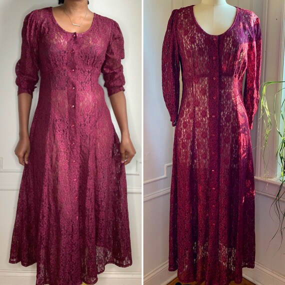 Vintage 90s Grunge Burgundy Floral Lace Midi Dress