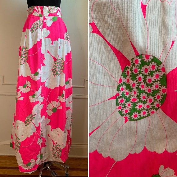 Vintage 70s Mod Pink Floral Maxi Skirt
