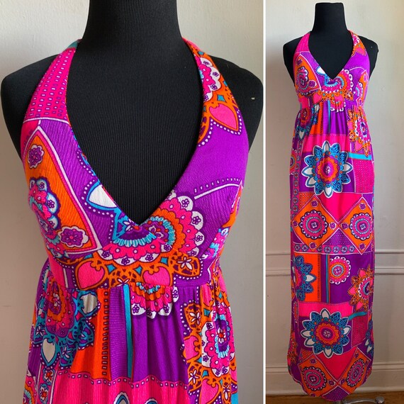 Vintage Multicolored Halter Top Maxi Dress