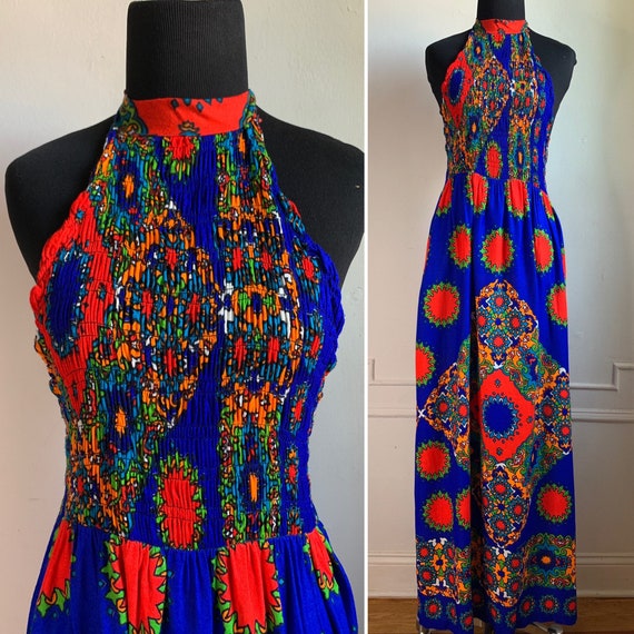 Vintage 70s Multicolor Halter Top Maxi Dress