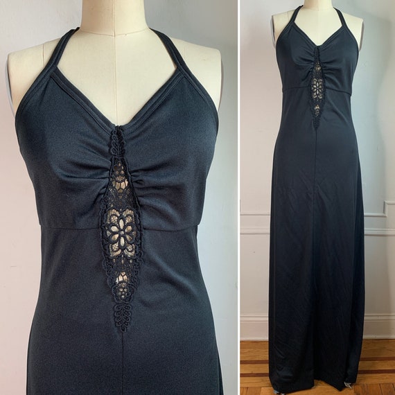 Vintage 70s Black Halter Top Maxi Dress