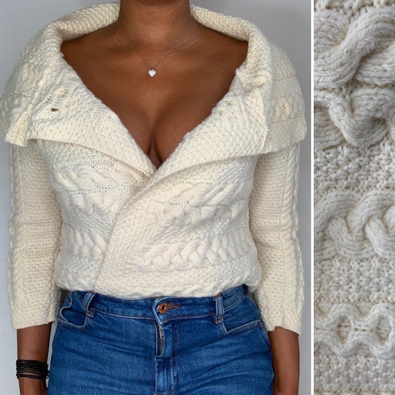 Vintage Cream Merino Wool Cable Knit Cardigan