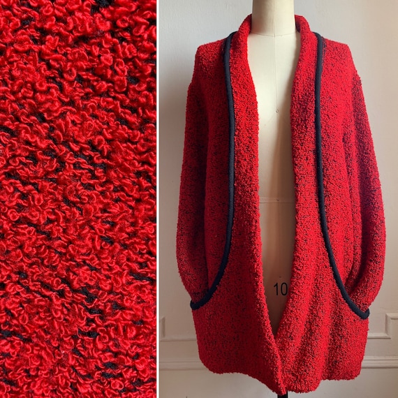 Vintage Red and Black Shawl Collar Cardigan Sweate