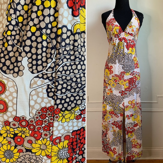 Vintage Multicolor Halter Top Maxi Dress