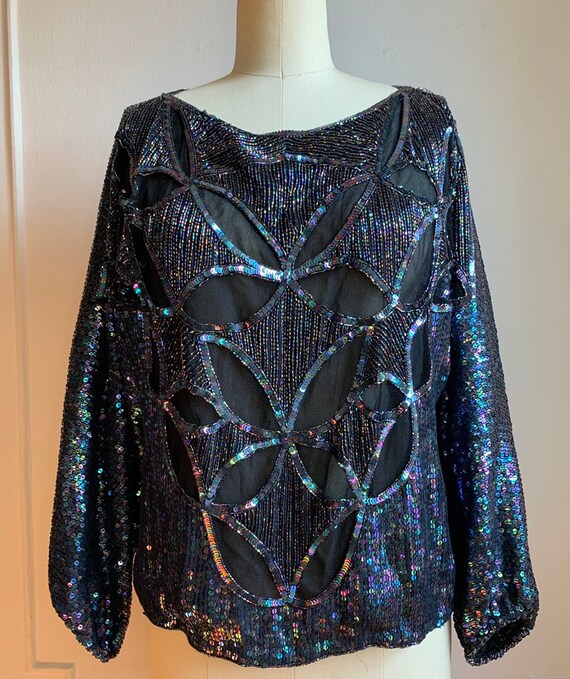 Vintage Sheer Multi Color Black Sequin Blouse