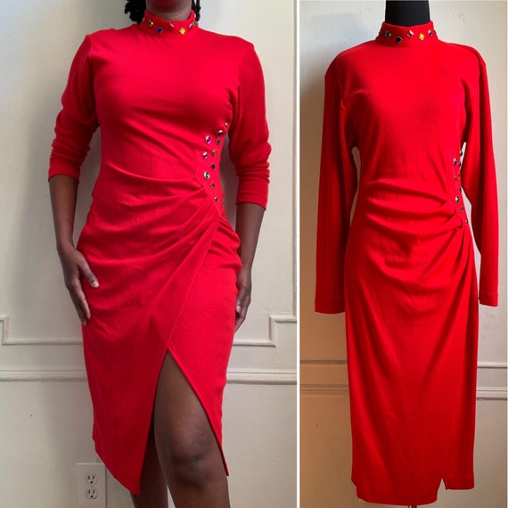 Vintage Red High Neck Long Sleeve Blouse