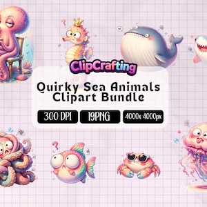 Può includere: Un pacchetto di clipart digitali con creature marine stravaganti. La collezione include un polpo, un cavalluccio marino, una balena, uno squalo, un pesce, un granchio e una medusa, tutti in colori vivaci. Il testo "Quirky Sea Animals Clipart Bundle" è visualizzato.