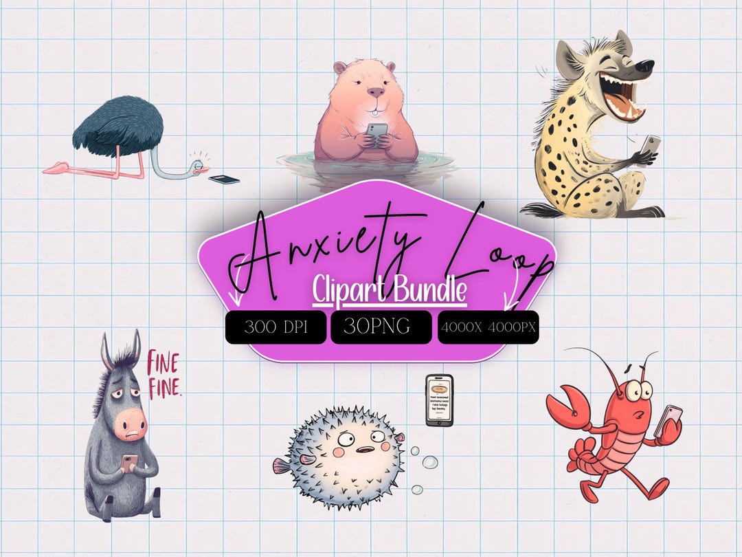Anxiety Loop Clipart Bundle – Funny Relatable Animals, Soft PNG (30 ...