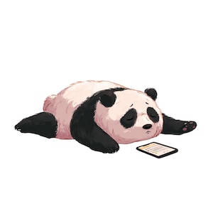 Puede incluir: Ilustración de un panda acostado, que parece cansado. El panda tiene pelaje blanco y negro con los ojos cerrados. Una pequeña tableta con una aplicación de mensajería está al lado del panda.