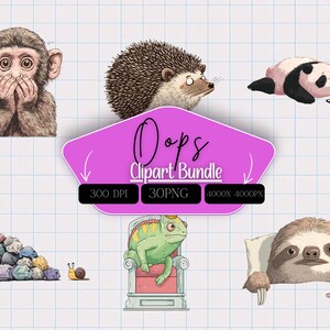 Op de afbeelding: Een digitale clipartbundel met zes dierenillustraties. Bevat een aap die zijn mond bedekt, een egel, een panda, een kameleon op een troon, een luiaard in bed en een stapel stenen met een slak. De tekst "Oops Clipart Bundle" is ook inbegrepen.