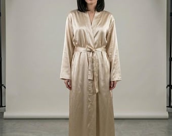 Champagne Satin Robe for Women | Long Bridal Dressing Gown | Elegant Silky Kimono Bathrobe