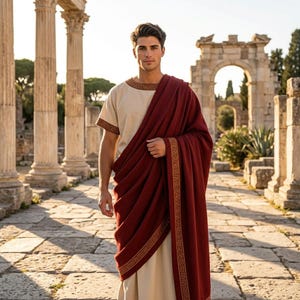 May include: A cream-colored tunic featuring a short-sleeved design with a gold Greek key pattern along the neckline and sleeve edges, paired with a long, draped deep red toga-style wrap that also displays a gold Greek key border trim.