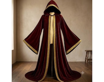 Capa con capucha de terciopelo granate con ribete celta / Capa de fantasía medieval / Disfraz para feria renacentista
