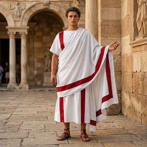 May include: A white toga featuring a bold red stripe pattern along the edges and down the front. The garment is draped over one shoulder, creating a layered effect with a clean, straight hemline that falls to the mid-calf, paired with brown sandals.