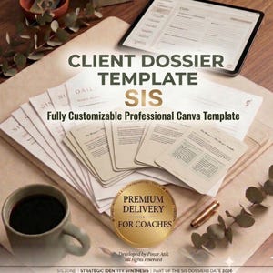 Puede incluir: Una plantilla profesional de Canva para expedientes de clientes. La imagen muestra una pila de papeles, una tableta y una taza de café. El texto en la imagen incluye "CLIENT DOSSIER TEMPLATE SIS" y "Fully Customizable Professional Canva Template."