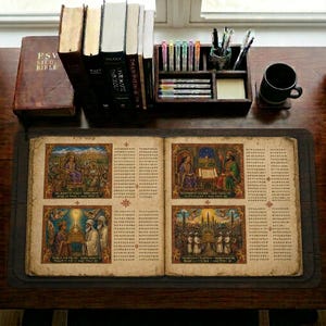 Op de afbeelding: Een open antiek boek met kleurrijke illustraties en tekst, tentoongesteld op een houten bureau. Er is ook een verzameling boeken, pennen en een koffiemok aanwezig. De pagina's van het boek bevatten gedetailleerde kunstwerken en schrift.