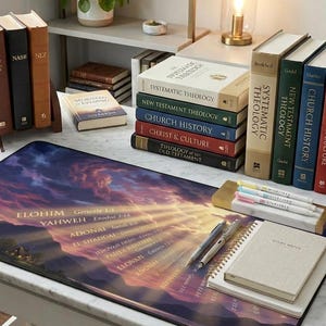 May include: A desk setup featuring books, a mousepad, and stationery. The mousepad displays a sunset scene with text. Books include theology and Bible study guides. A mug and a small plant are also visible.