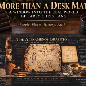 Peut inclure: Un tapis de bureau rectangulaire au design historique sombre portant le texte 'The Alexamenos Graffito' et 'More Than A Desk Mat'. Le centre présente une gravure sur pierre d'une figure à tête d'âne, accompagnée de textes descriptifs, de cartes et de faits historiques sur l'histoire et l'archéologie chrétiennes primitives.