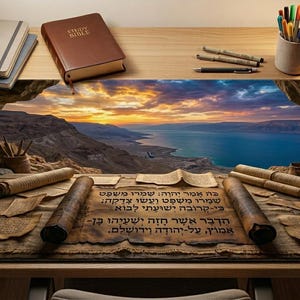 May include: Desk setup featuring a large mousepad with a scenic landscape and ancient scrolls. A brown Bible and notebooks sit atop the desk, along with pens, pencils, and a small succulent plant. The mousepad has text in Hebrew.