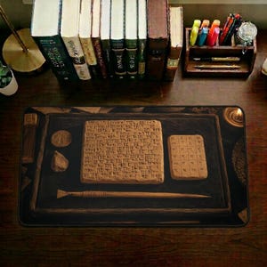 Pode incluir: Uma composição de secretária com livros, canetas e uma bandeja de madeira contendo tábuas de argila com escrita antiga. As tábuas exibem padrões e símbolos detalhados, evocando um contexto histórico ou educacional.