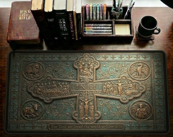 Life of Christ Bronze Relief Bible Study Desk Mat | John 3 16 | Museum Inspired Collection | One Piece Mouse Pad | Christian Desk Pad