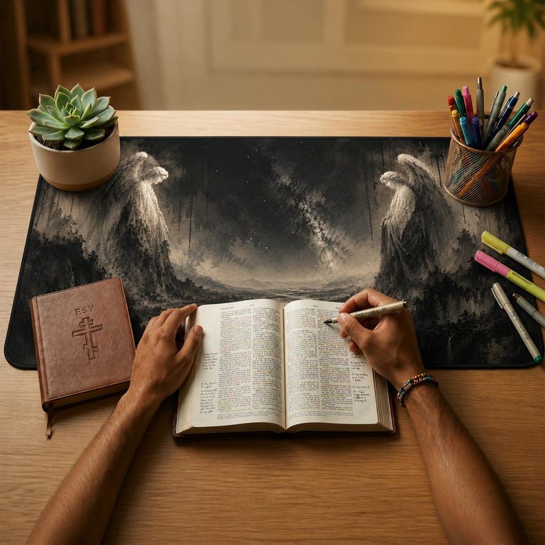 Workdesk Angel Guardian Angels Desk Mat | Psalm 91 Biblical Art | Ink Wash Angel Print ...