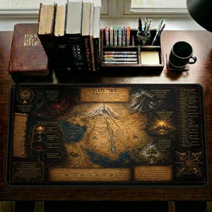 May include: A desk arrangement with a large mousepad featuring a map design and text in Hebrew and English. There are books, pens, and a mug. The mousepad is the central element, displaying a detailed, aged map.