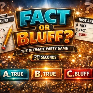 May include: A party game board for "Fact or Bluff?" with a score sheet, host answers, and answer options. The game features a teal and orange colour scheme with the text "Fact or Bluff?" and "The Ultimate Party Game".
