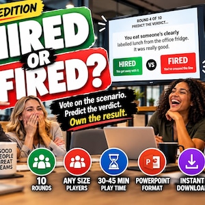 Puede incluir: Un juego de fiesta titulado Hired or Fired? Work Edition con una pantalla que muestra un escenario sobre comer un almuerzo etiquetado de la nevera de la oficina. El juego incluye 10 rondas, admite cualquier número de jugadores, tiene una duración de 30-45 minutos, utiliza un formato PowerPoint y está disponible para descarga instantánea.
