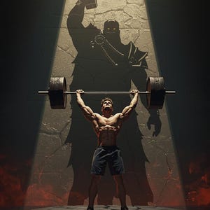 May include: An artistic depiction of a weightlifter lifting a barbell overhead. A large shadow of a figure holding a hammer looms behind the lifter. The scene is dramatically lit with a spotlight.