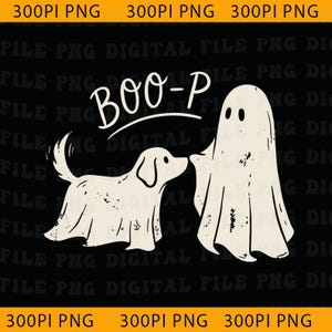 Puede incluir: Una ilustración gráfica sobre un fondo negro que muestra a un perro y un fantasma cubiertos con sábanas blancas. El texto BOO-P está escrito en blanco sobre las figuras. El diseño tiene una textura desgastada e incluye texto de fondo.