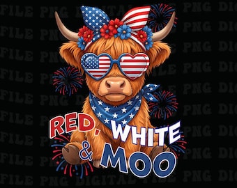 Red White Moo Highland Cow Png, Patriotic 4th of July Kids Png, USA 250th Anniversary Png
