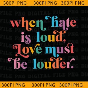 May include: A digital graphic design on a black background featuring the text "when hate is loud, Love must be louder." The words are written in a stylized, colorful serif font with alternating letters in shades of orange, teal, yellow, and pink.