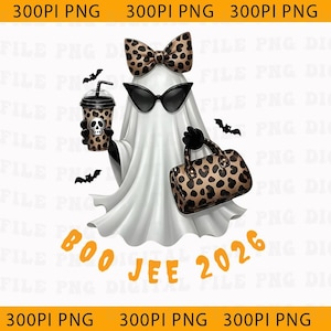 May include: A white ghost illustration wearing black cat-eye sunglasses and a leopard print bow. The ghost holds a leopard print cup with a skull graphic and a leopard print handbag. Three black bats surround the ghost, with the orange text BOO JEE 2026 below.