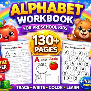 Preschool Alphabet Workbook, 130+ Pages ABC Learning, Trace Write Color (PDF Download)