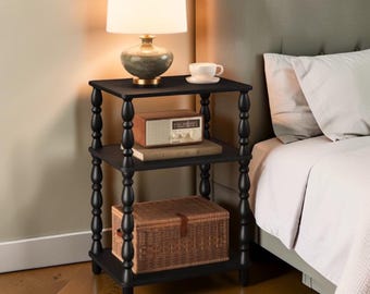 Solid Wood 3 Tier End Side Table: Space Save Slim Book Organizer Storage Table