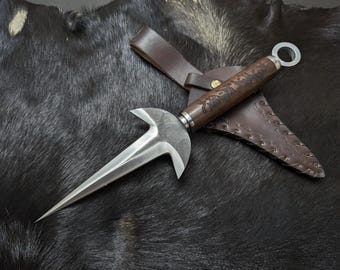 Handcrafted Anime Style Fantasy Kunai Dagger - Custom Engraved Wooden Handle Steel Blade Knife with Genuine Leather Sheath