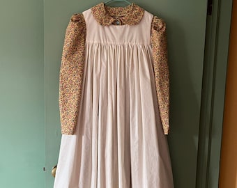 READY TO SHIP Size 14 Girls' Gold Floral Dress w/Opt Bonnet & Unbleached Pinafore, Apron | Long Sleeves | Pioneer | Flower Girl| Modest