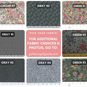 May include: A collection of eight fabric swatches featuring various floral, paisley, and small-scale patterns in cream, grey, and green colourways. Each swatch is labelled with a number and includes a visible ruler showing measurements in inches.