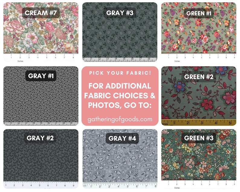 May include: A collection of eight fabric swatches featuring various floral, paisley, and small-scale patterns in cream, grey, and green colourways. Each swatch is labelled with a number and includes a visible ruler showing measurements in inches.