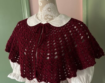 Hand Crocheted Capelet Shawl | Lacy | Feminine | Wrap | Handmade | Burgundy