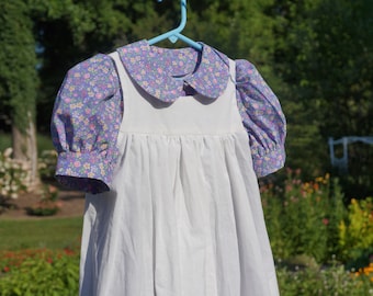 READY TO SHIP Sizes 4-8 Girls' Short Sleeve Lavender Floral Dress w/Opt Pinafore, Apron, Bonnet | Prairie | Pioneer | Flower Girl | Modest