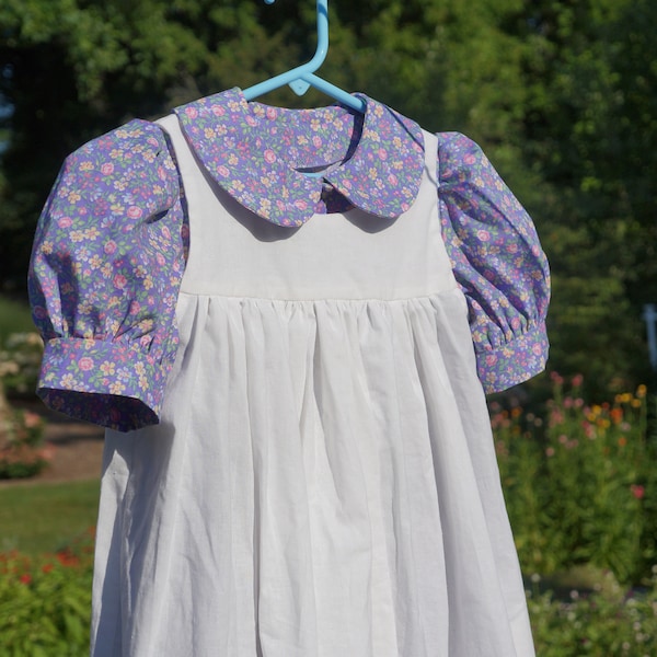 READY TO SHIP Sizes 4-8 Girls' Short Sleeve Lavender Floral Dress w/Opt Pinafore, Apron, Bonnet | Prairie | Pioneer | Flower Girl | Modest