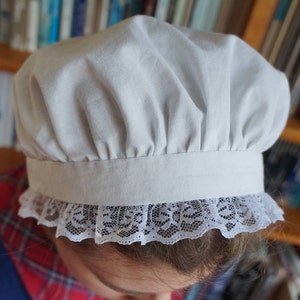 Womens&#39; or Girls&#39; Gathered Lace  Dormeuse Cap | Cotton or Linen | Mob Cap | Day Cap | 18th Century Cap | Lace Edged Cap | Colonial Cap